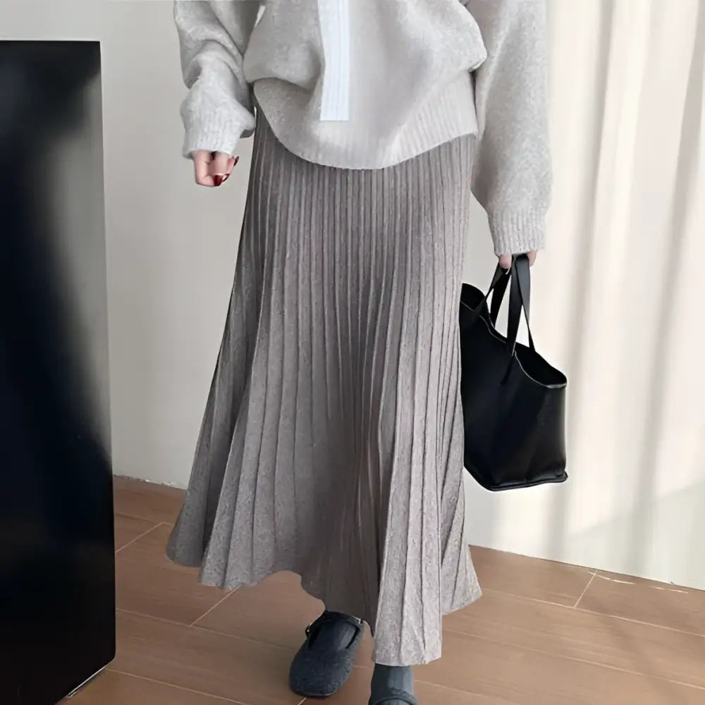 Korean Elastic Waist Knitted Pleated Midi Skirt