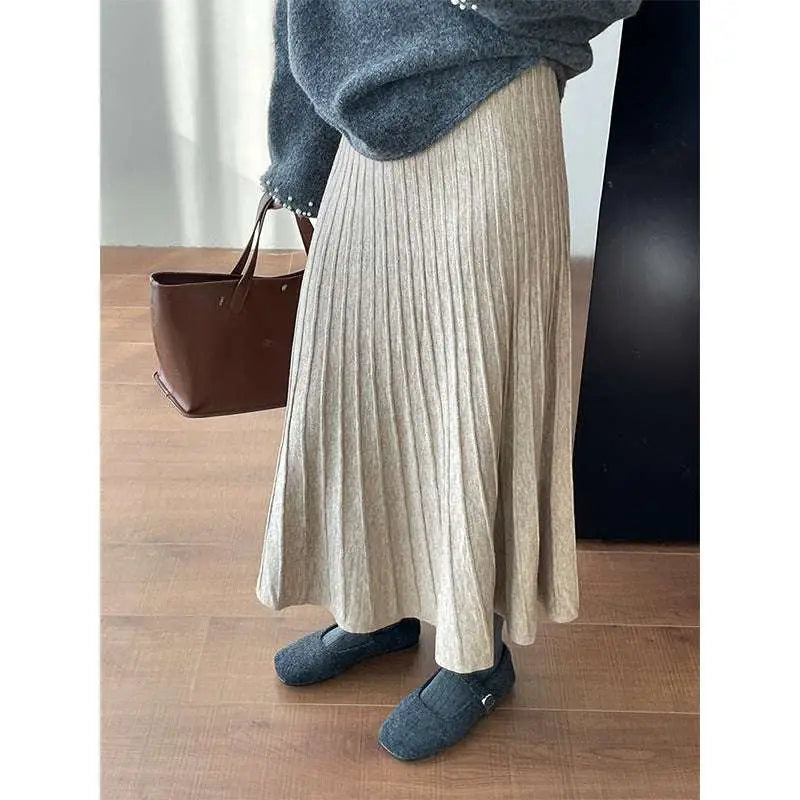 Korean Elastic Waist Knitted Pleated Midi Skirt