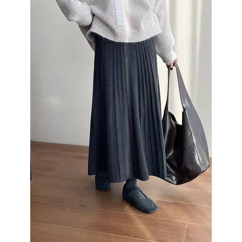 Korean Elastic Waist Knitted Pleated Midi Skirt