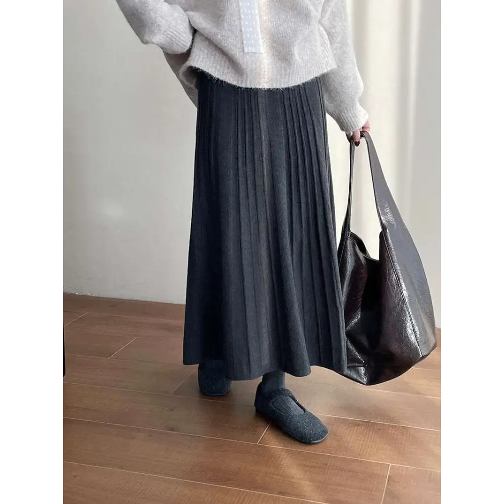 Korean Elastic Waist Knitted Pleated Midi Skirt