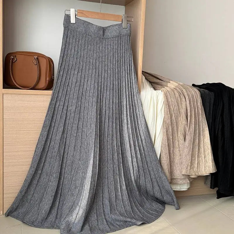 Korean Elastic Waist Knitted Pleated Midi Skirt