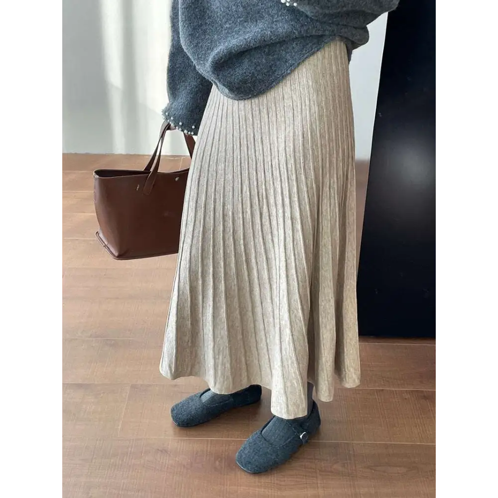 Korean Elastic Waist Knitted Pleated Midi Skirt