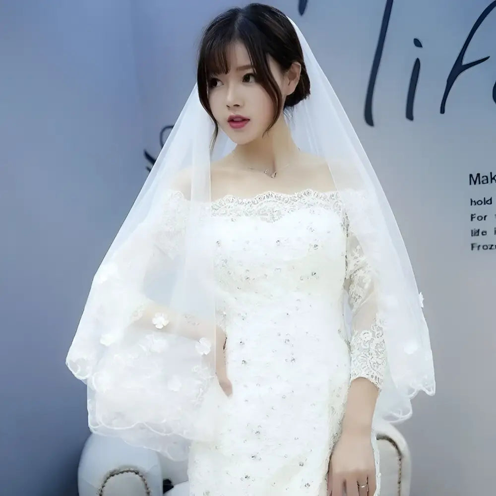 Korean Lace Petal Bridal Veil with Floral Embroidery