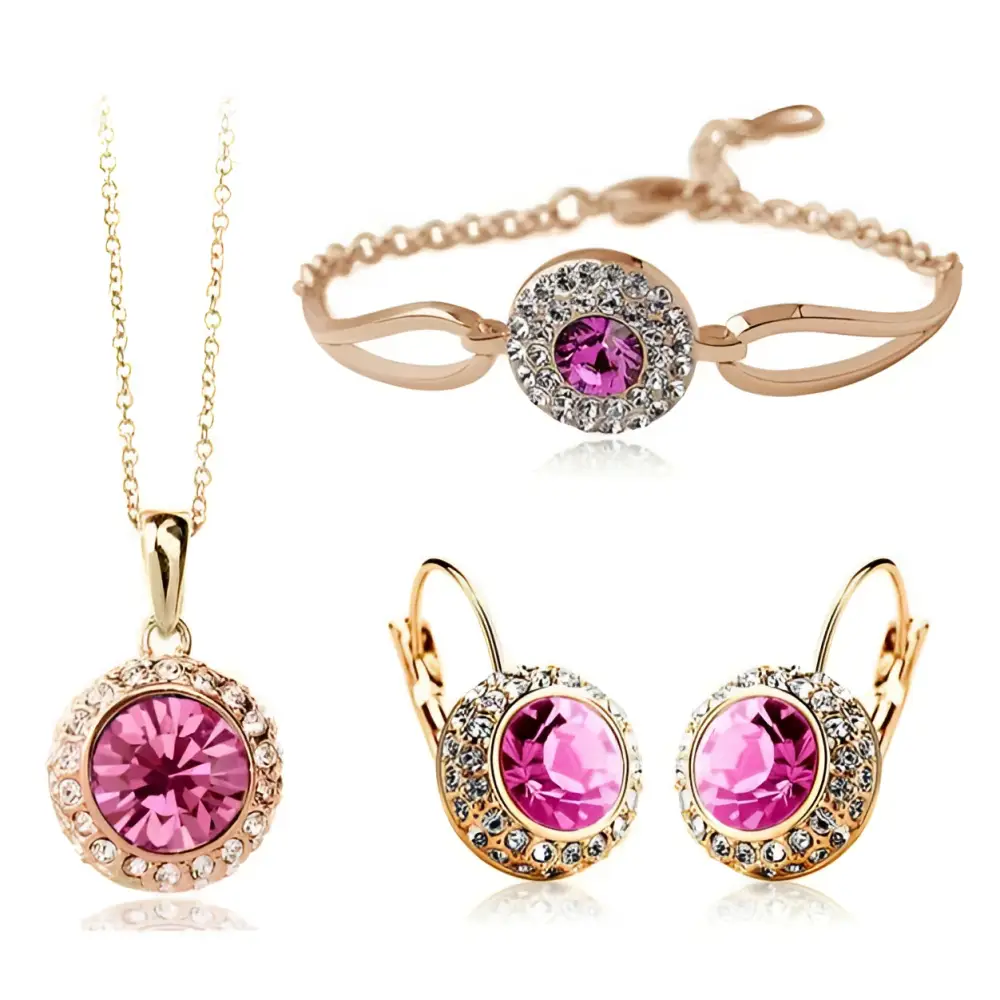 Korean Style Pink Crystal Silver Jewelry Set