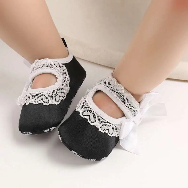Lace Bow Princess Shoes Baby with Trim