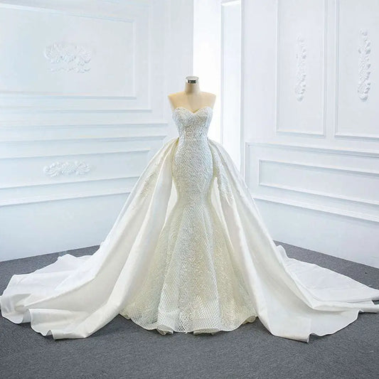 Lace Mermaid Wedding Dress Wears Two Fishtail Train
