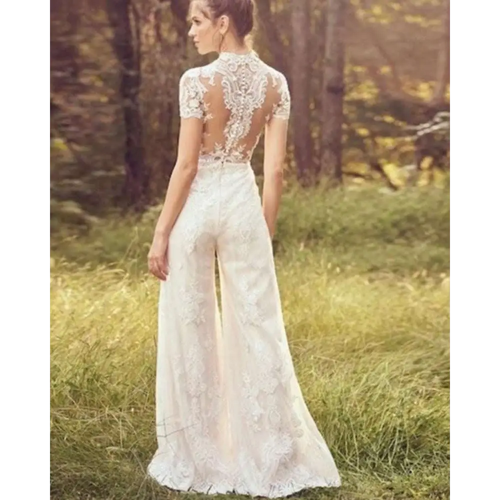 Lace Short Sleeve Bride Pants Suit Wedding Jumpsuit