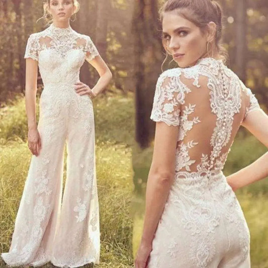 Lace Short Sleeve Bride Pants Suit Wedding Jumpsuit