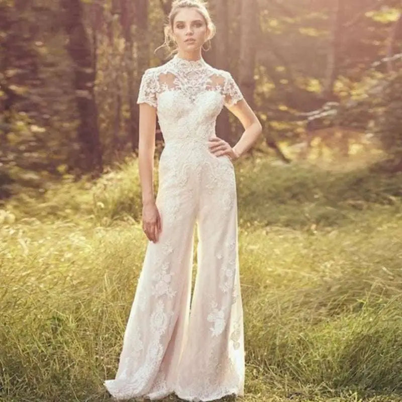 Lace Short Sleeve Bride Pants Suit Wedding Jumpsuit