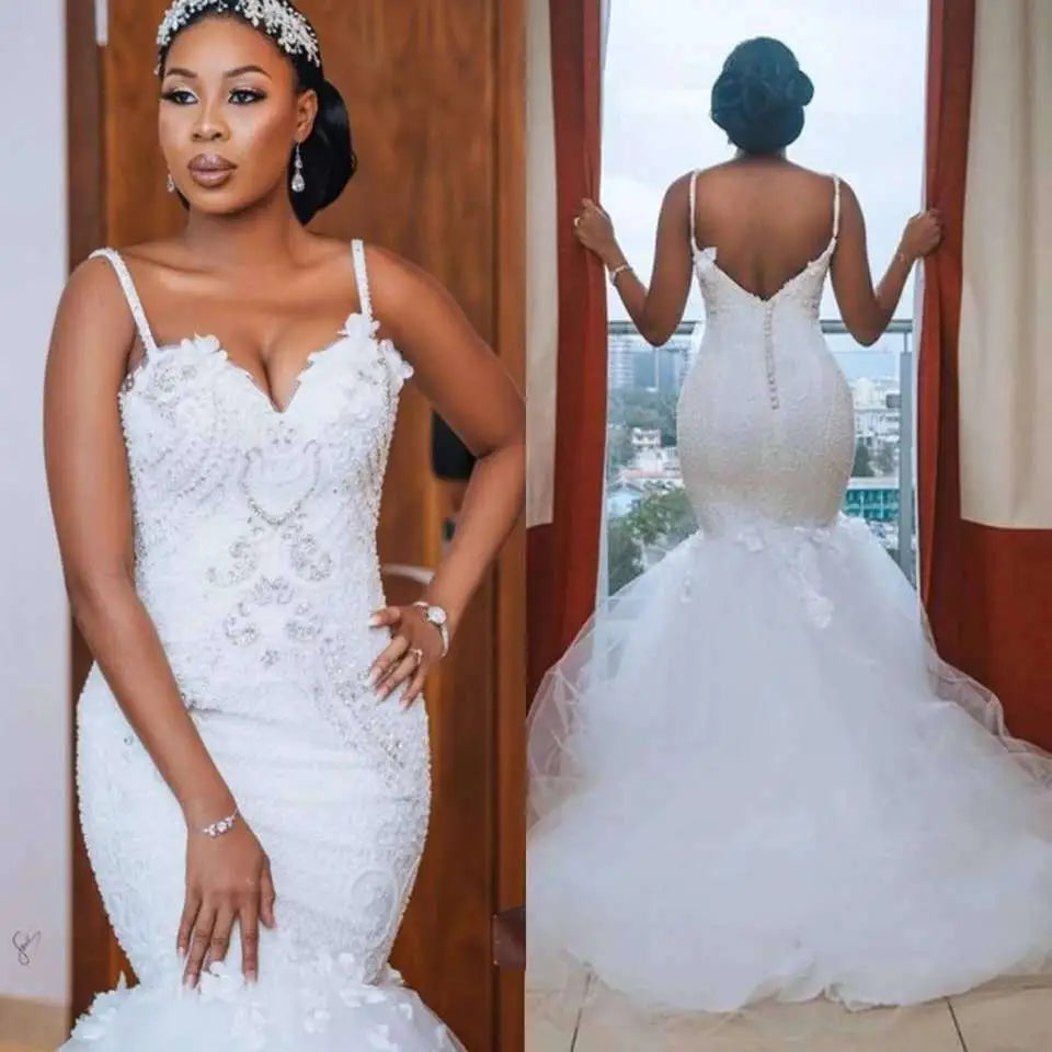 Lace Sleeveless Big Tail African Mermaid Wedding Dress