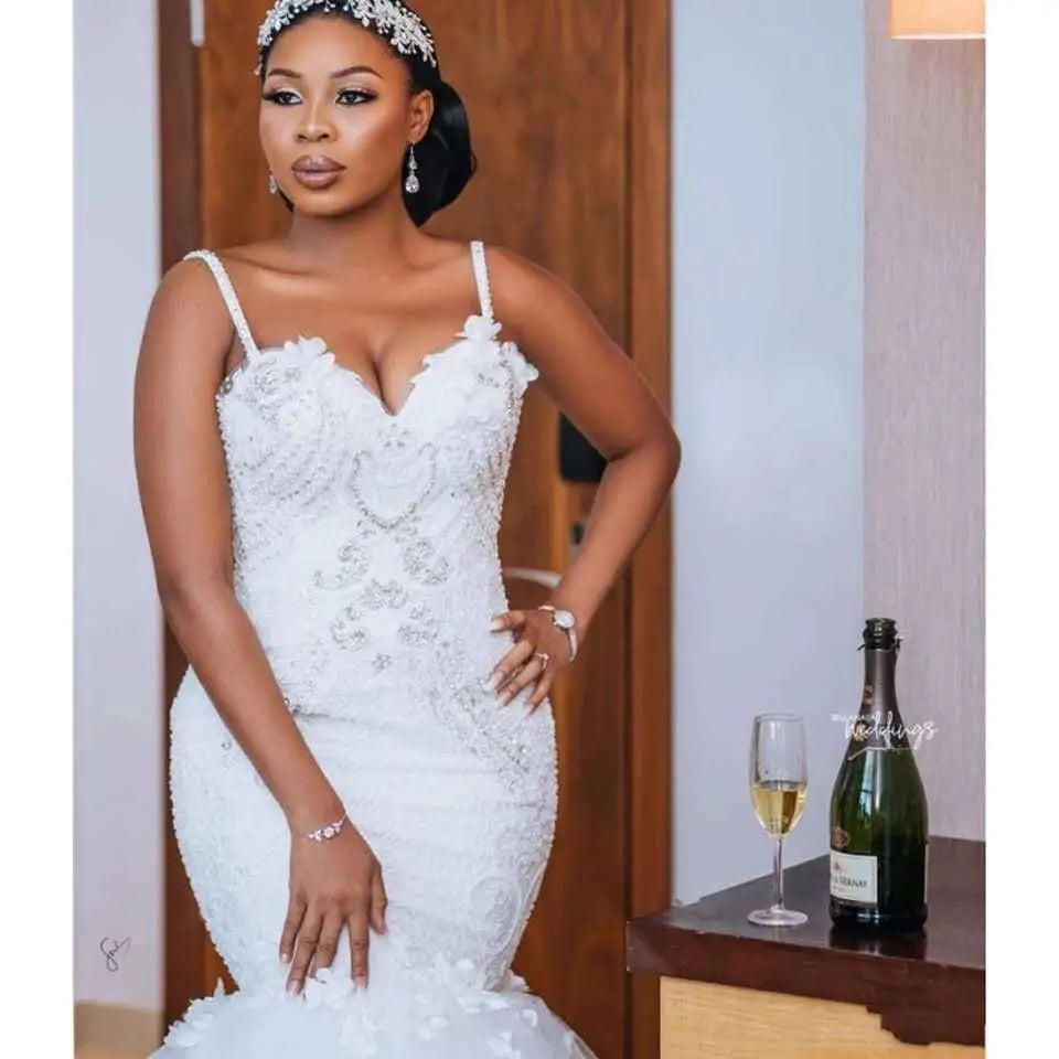 Lace Sleeveless Big Tail African Mermaid Wedding Dress