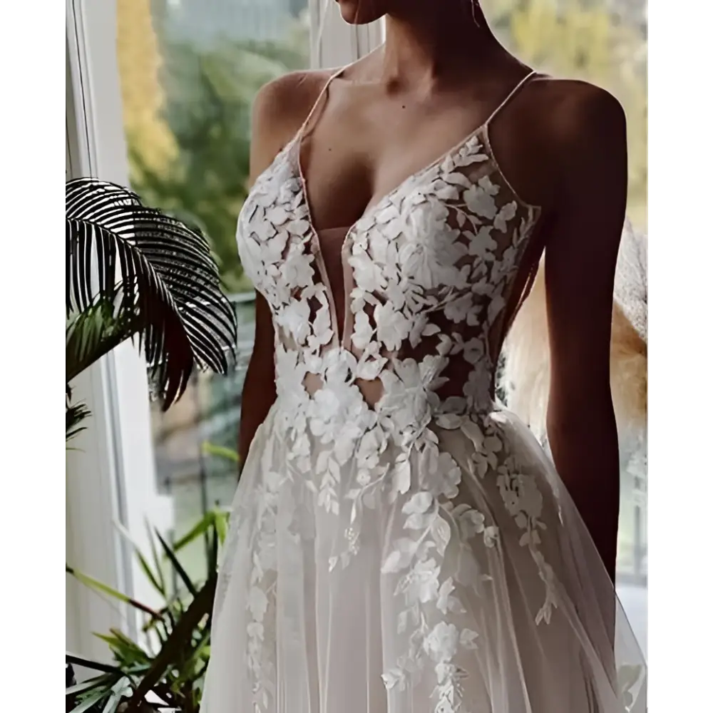 Lace Strap Backless V Neck Wedding Dress