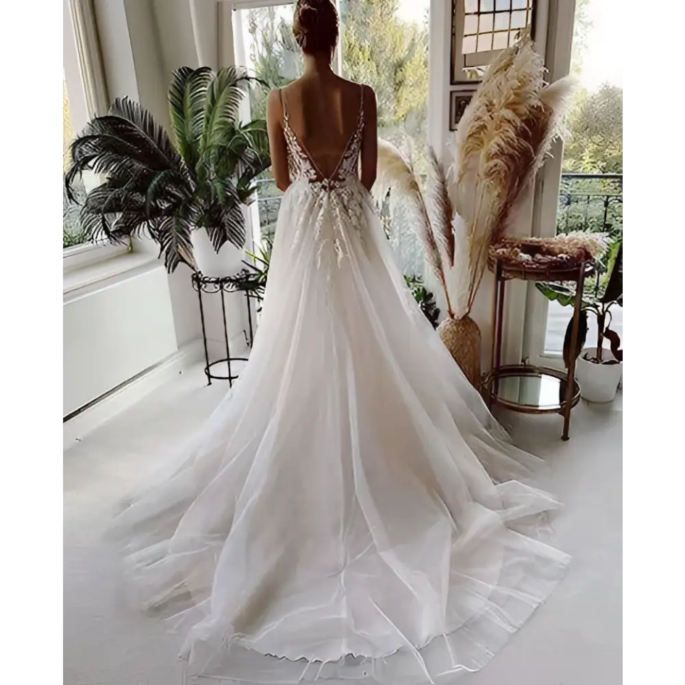 Lace Strap Backless V Neck Wedding Dress