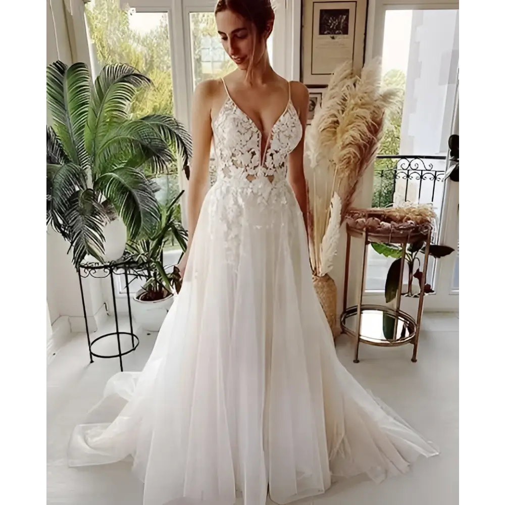 Lace Strap Backless V Neck Wedding Dress