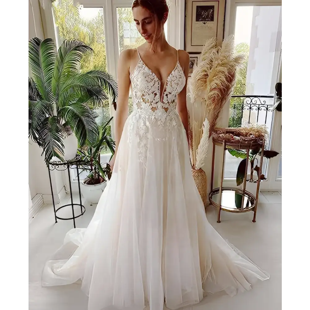 Lace Strap Backless V Neck Wedding Dress