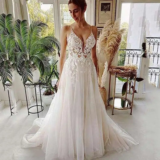 Lace Strap Backless V Neck Wedding Dress