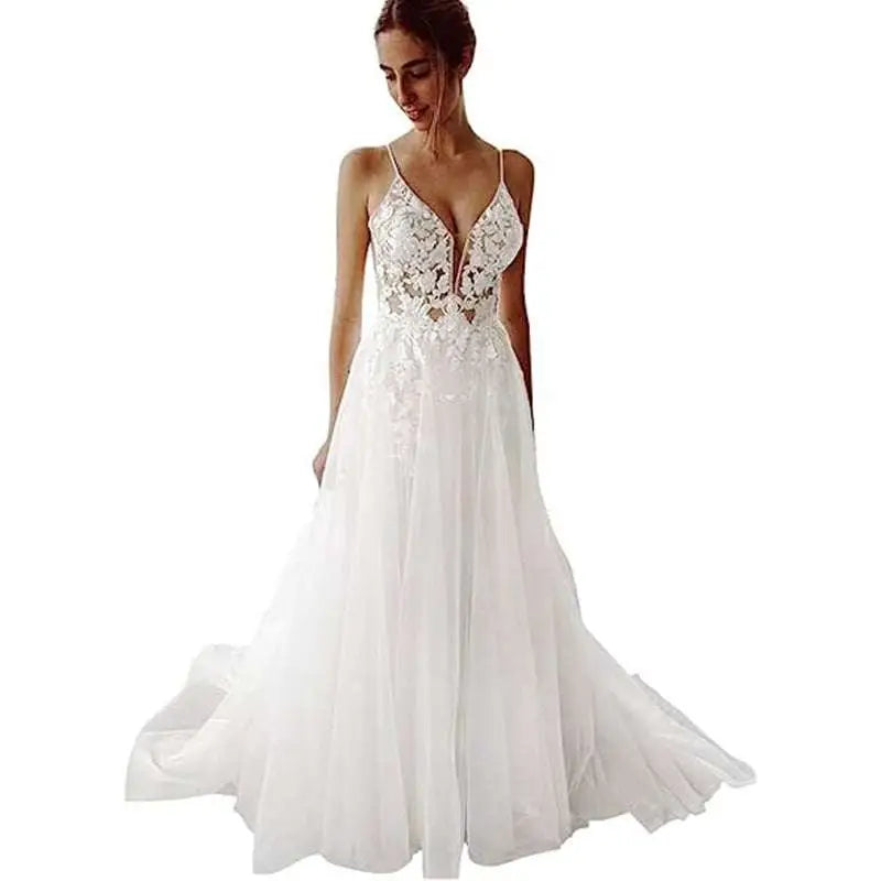 Lace Strap Backless V Neck Wedding Dress