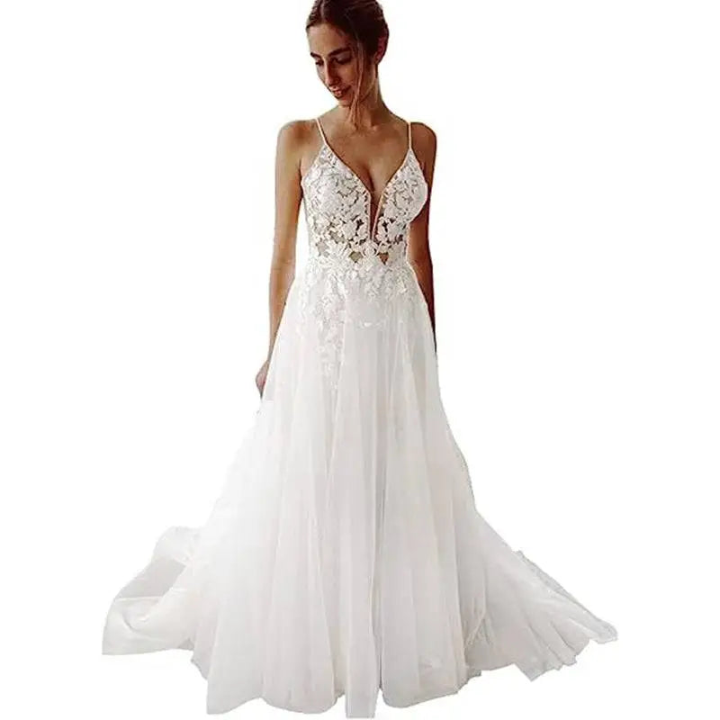 Lace Strap Backless V Neck Wedding Dress