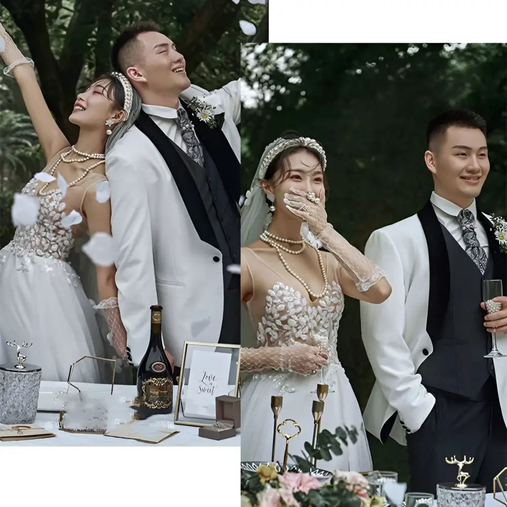 Lace Summer Couple Photo Shoot Wedding Dress