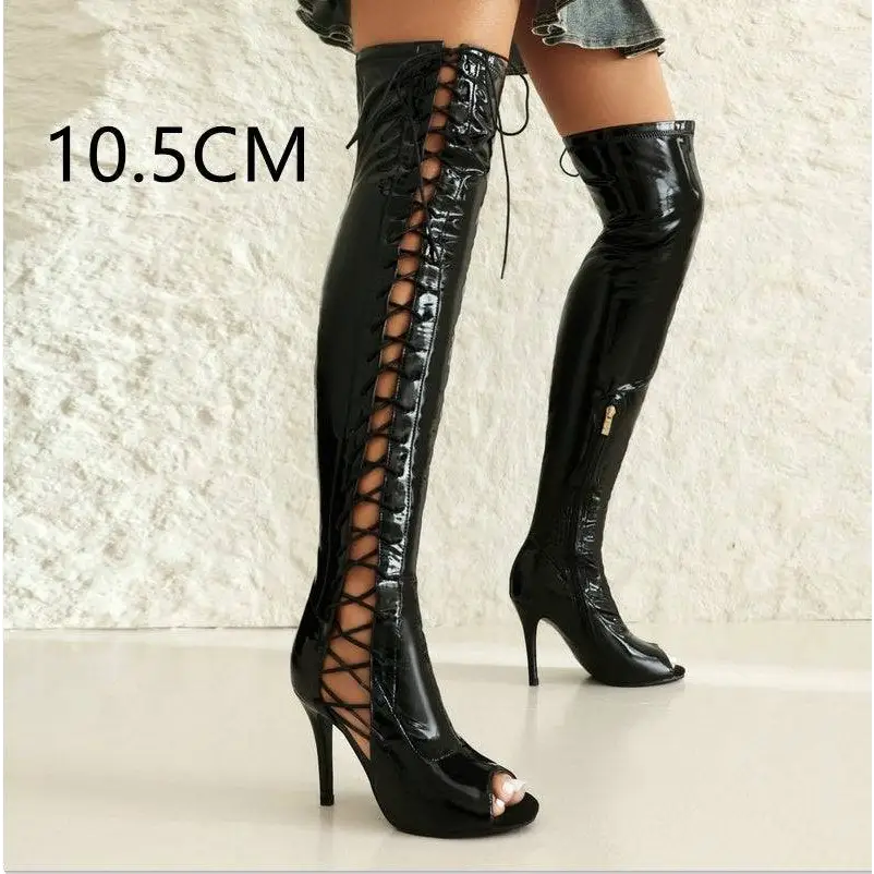 Lace Up Peep Toe Patent Leather Female Over the Knee Boots