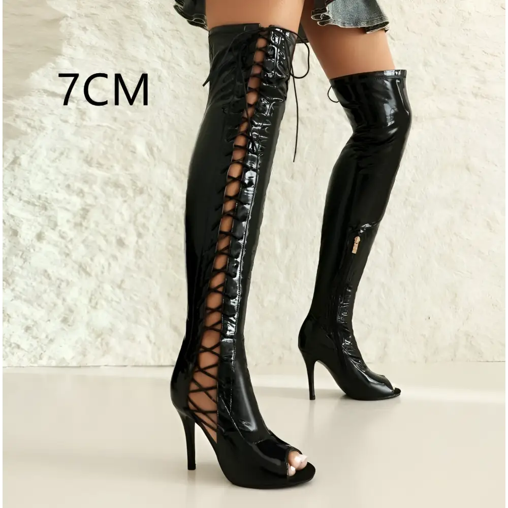 Lace Up Peep Toe Patent Leather Female Over the Knee Boots