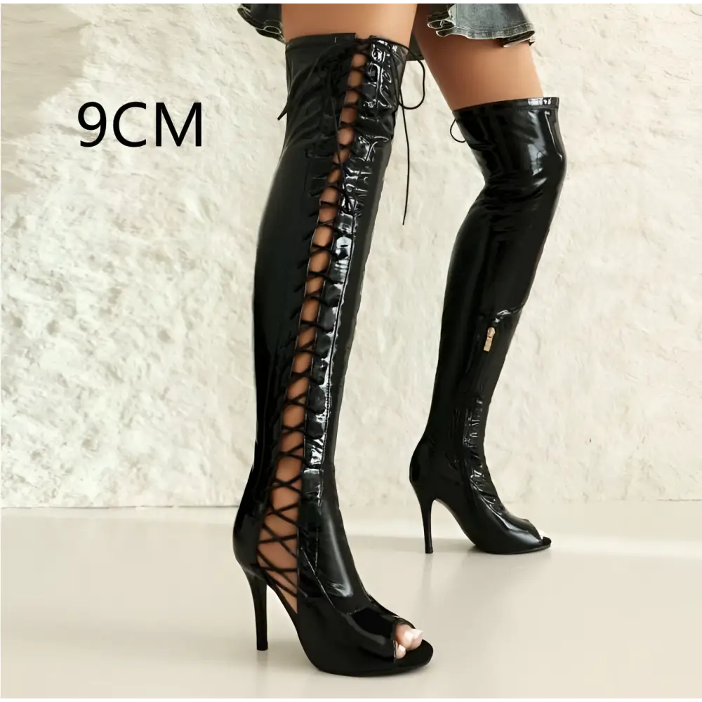 Lace Up Peep Toe Patent Leather Female Over the Knee Boots