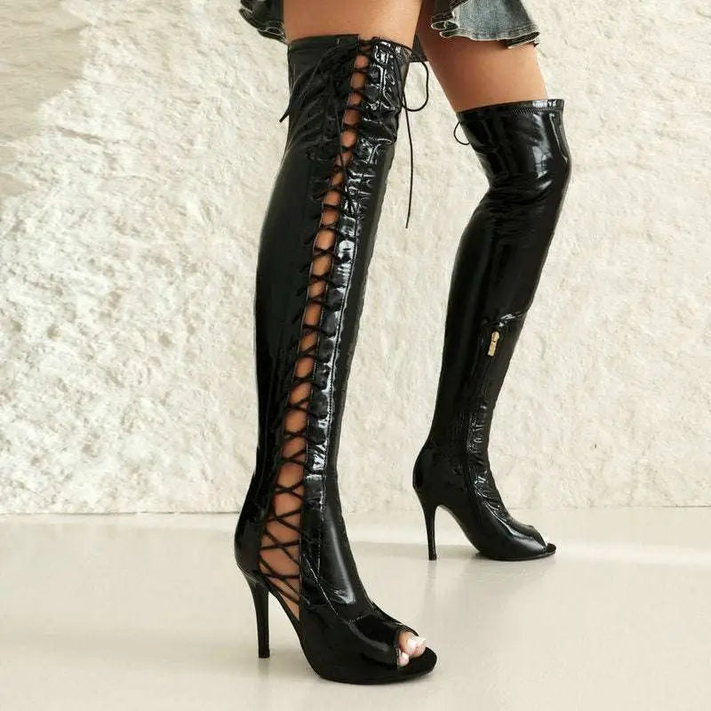 Lace Up Peep Toe Patent Leather Female Over the Knee Boots