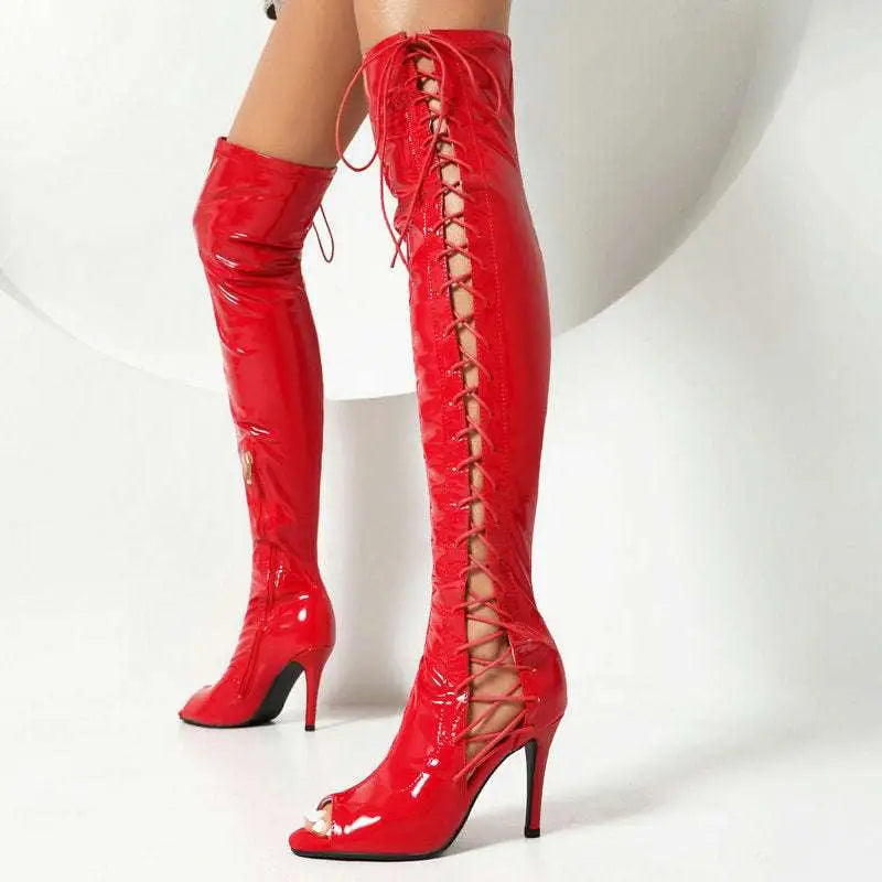 Lace Up Peep Toe Patent Leather Female Over the Knee Boots