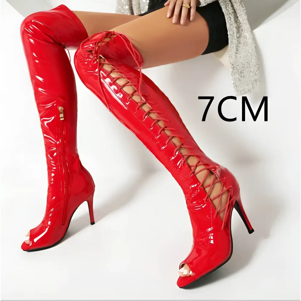 Lace Up Peep Toe Patent Leather Female Over the Knee Boots