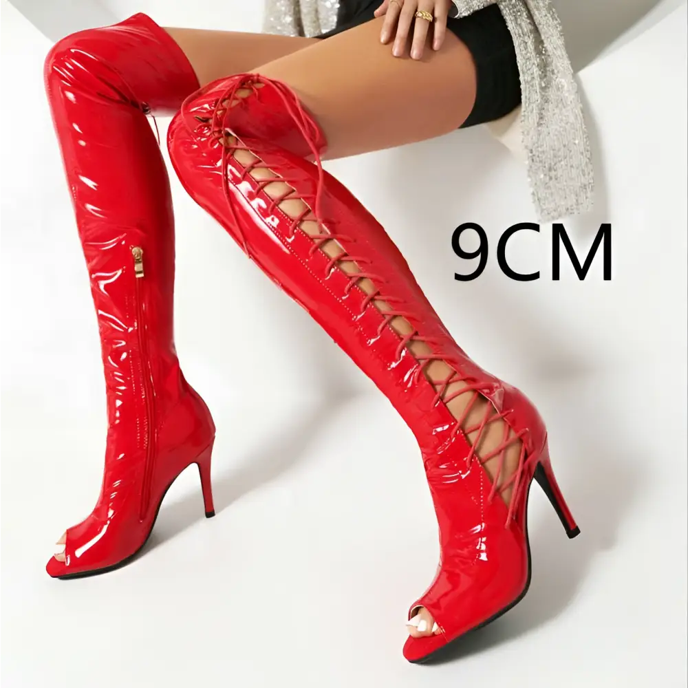 Lace Up Peep Toe Patent Leather Female Over the Knee Boots