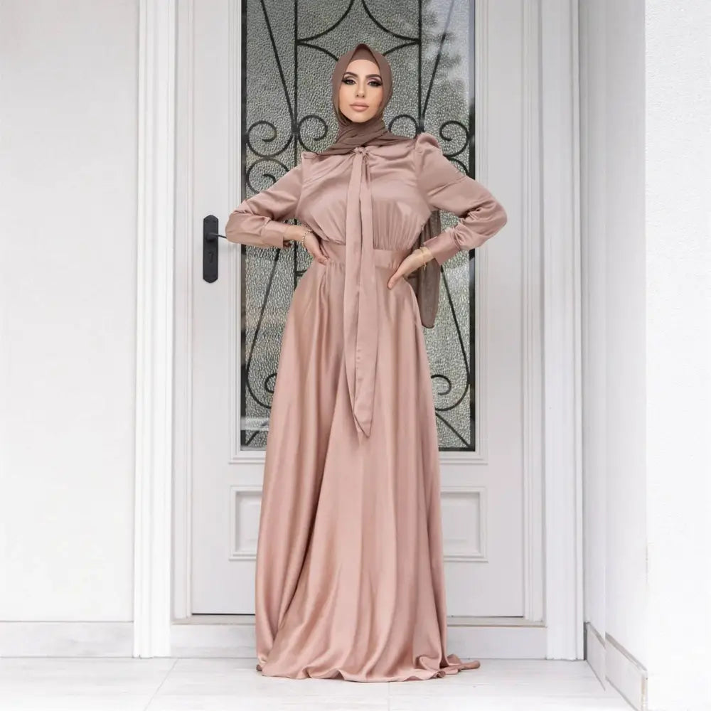 Large Hem Satin Dress Long Sleeve Abaya
