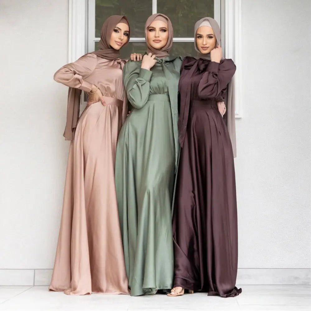 Large Hem Satin Dress Long Sleeve Abaya