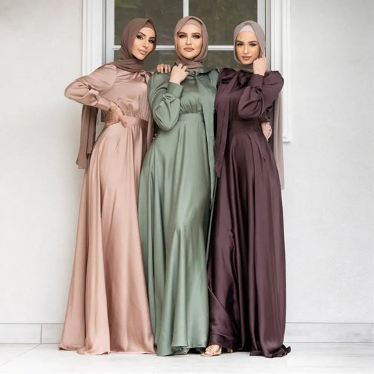 Large Hem Satin Dress Long Sleeve Abaya