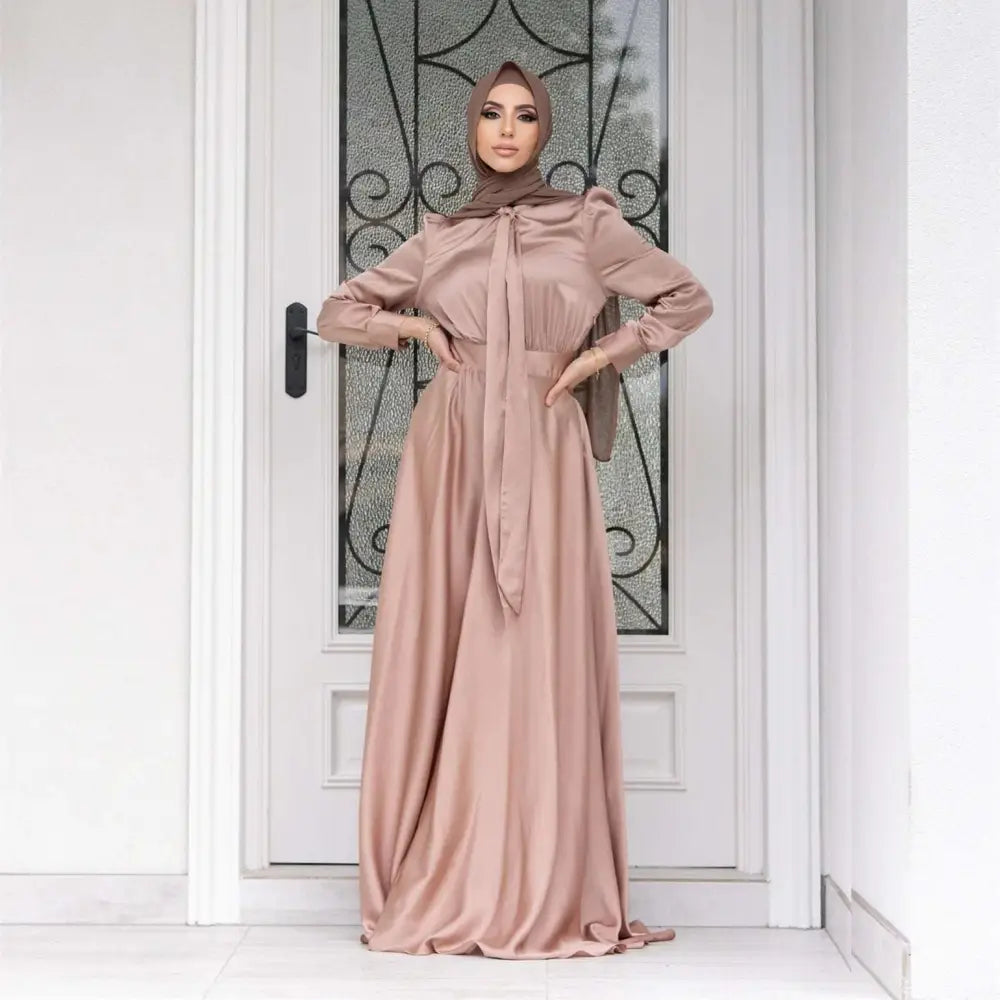 Large Hem Satin Dress Long Sleeve Abaya