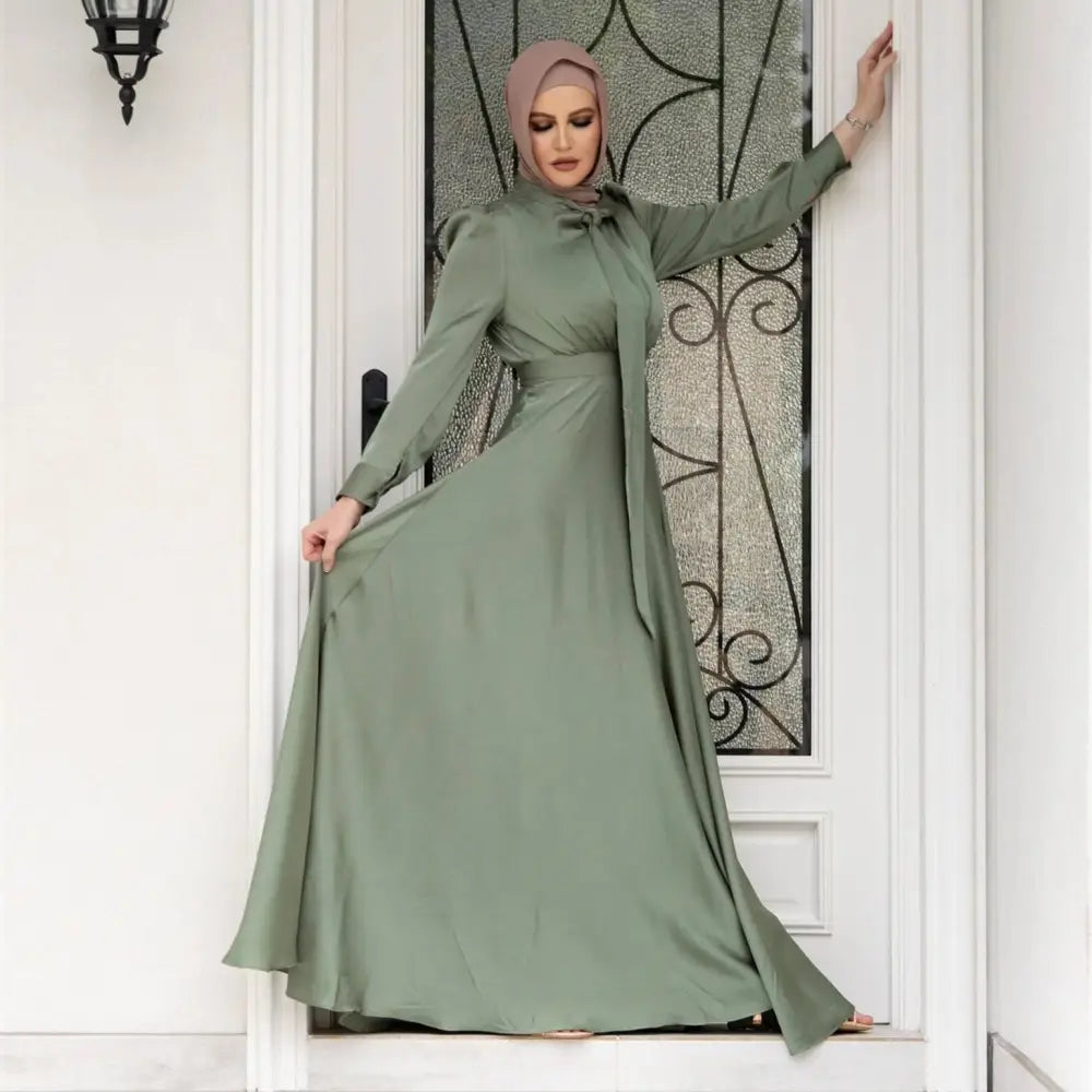 Large Hem Satin Dress Long Sleeve Abaya