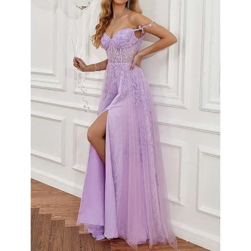 Lavender Lace Red Carpet Runway Off Shoulder Prom Dress