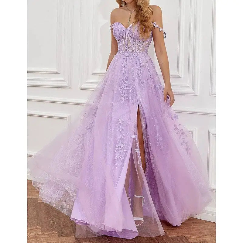 Lavender Lace Red Carpet Runway Off Shoulder Prom Dress