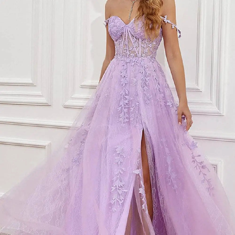 Lavender Lace Red Carpet Runway Off Shoulder Prom Dress