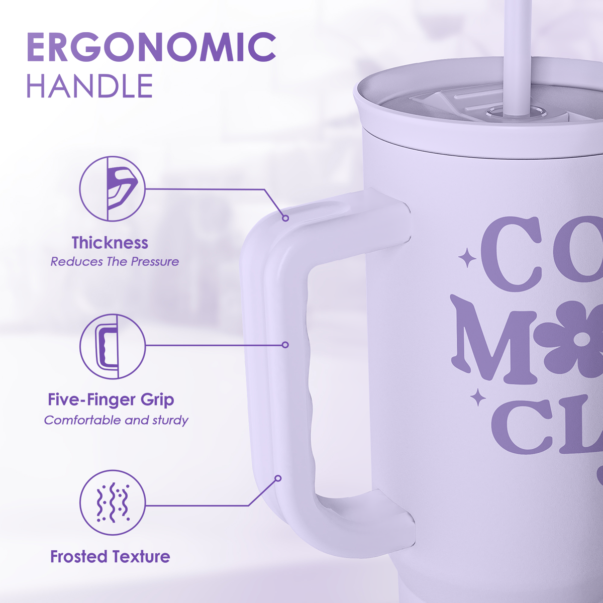 White mug with ergonomic handle design features on a light purple background
