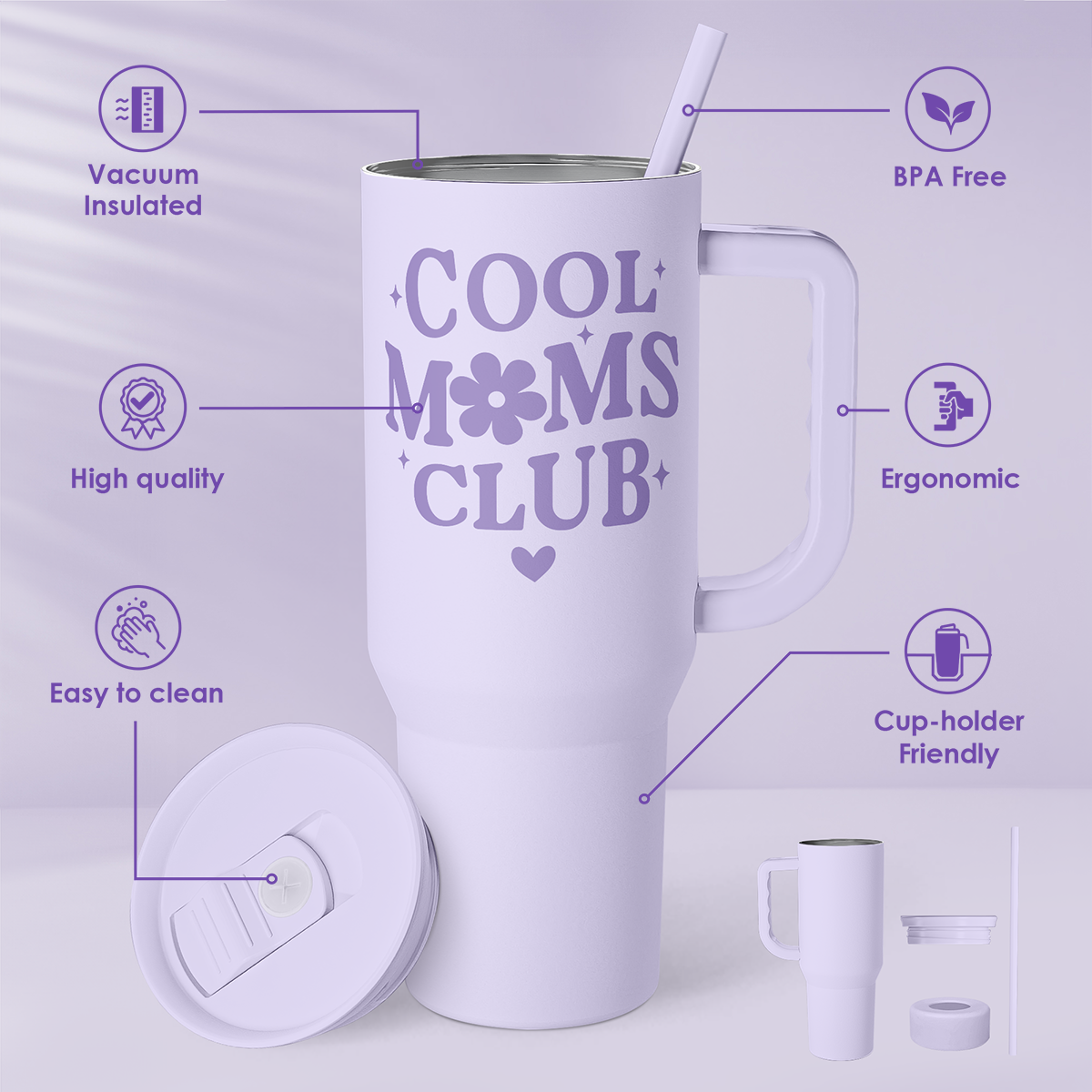 lavender tumbler with 'Cool Moms Club' text on a light purple background, featuring various product features.
