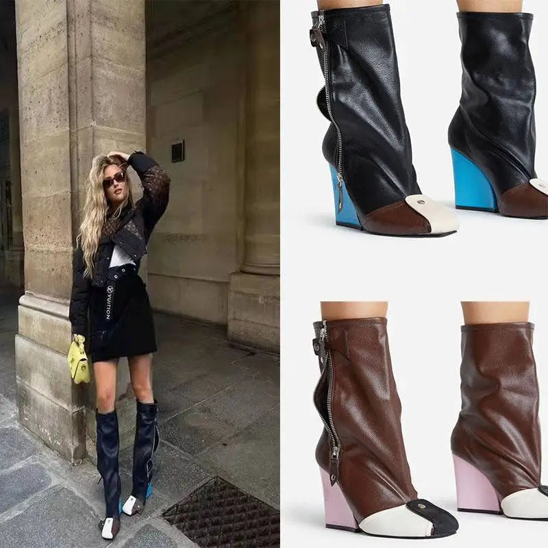 Leather Wedge High Heel Short Tube Boots