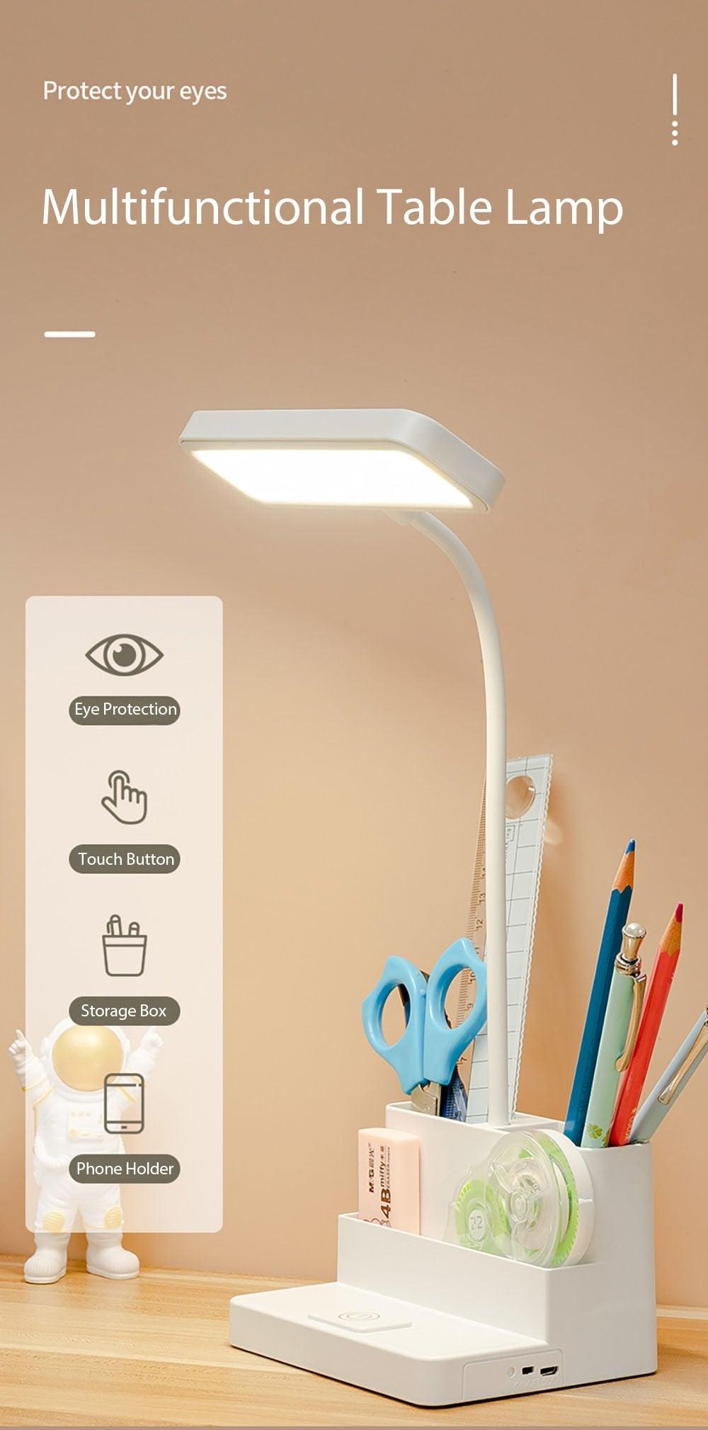 LED Table Lamp With Pen Storage Eye Protection Stepless Dimming Desk Lamp Study Children Smart LED Bedside Lamp Light Decorative Table Lamp Cute Study Lamps for Bedroom Décor