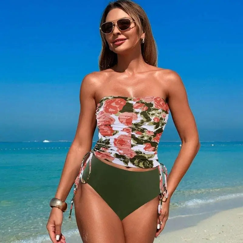 Leopard Bandeau High Waisted Hot Spring Swimsuit Bikini