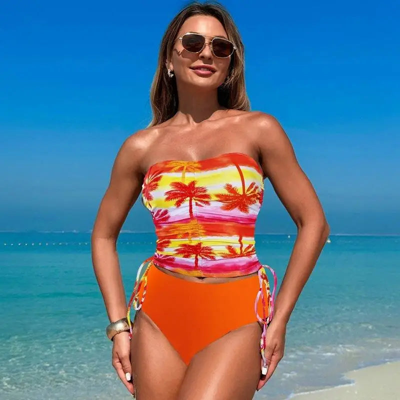 Leopard Bandeau High Waisted Hot Spring Swimsuit Bikini