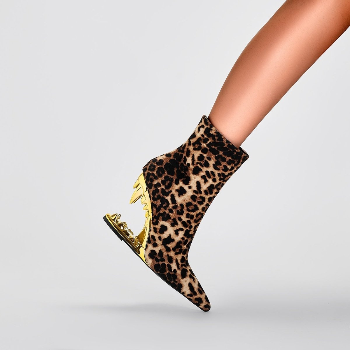 Leopard Print Gold Bite Heel Ankle Boots-1
