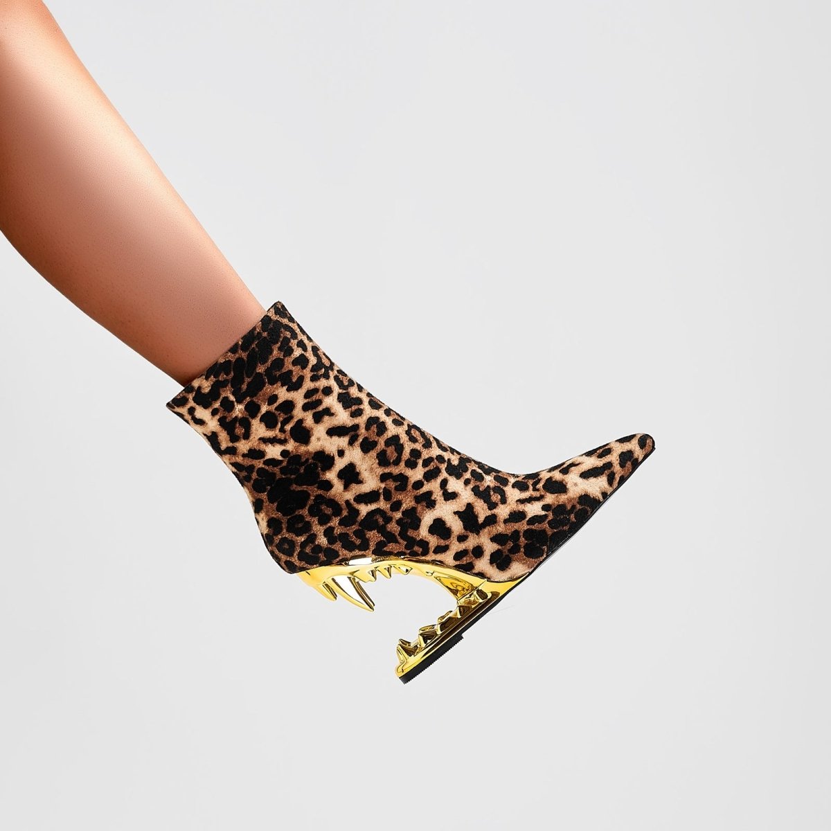 Leopard Print Gold Bite Heel Ankle Boots-2
