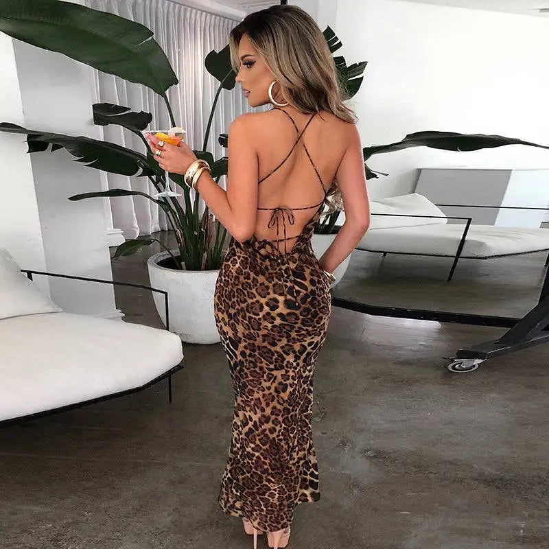 Leopard Printed Lace Up Slim Fit Long Dress