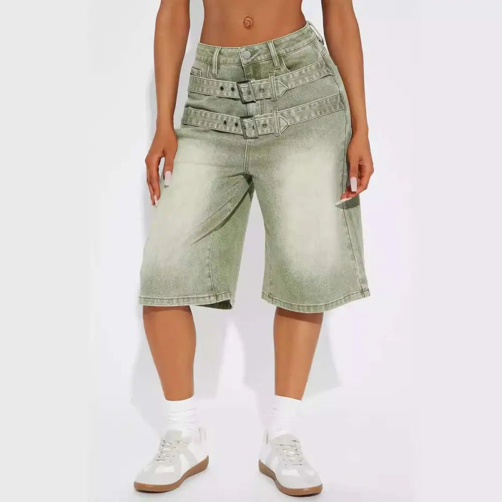 Light Green Jeans Double Belt Adjustable Buckle Shorts