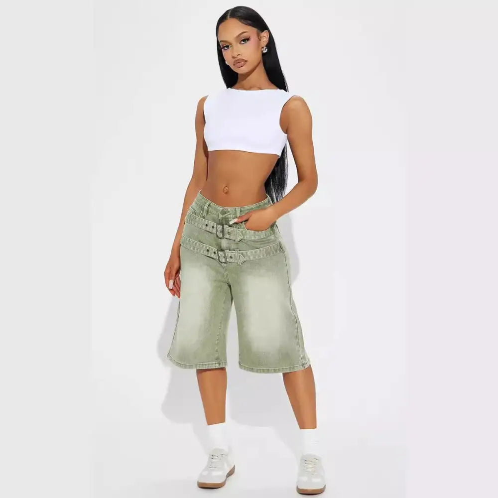 Light Green Jeans Double Belt Adjustable Buckle Shorts