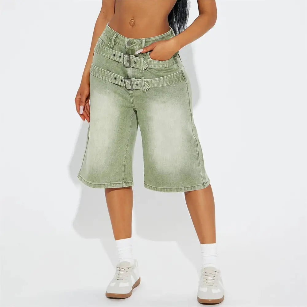 Light Green Jeans Double Belt Adjustable Buckle Shorts